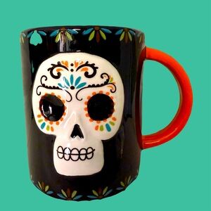 3D Hand Painted Skull Design Black and Orange Mug by Lang Design Group.